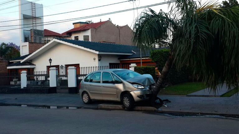 El auto se subió a la vereda y fue frenado por un árbol. 
