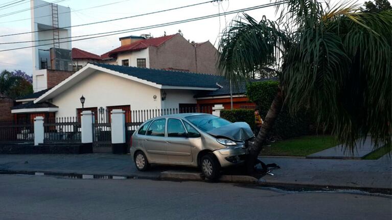 El auto se subió a la vereda y fue frenado por un árbol.