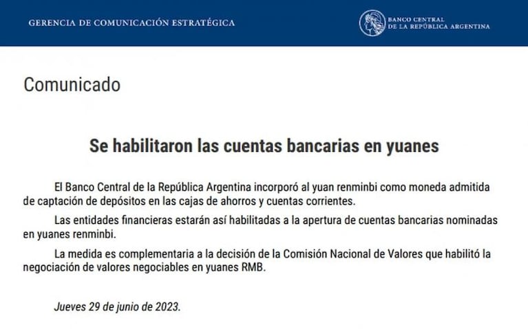 El Banco Central habilitó las cuentas bancarias en yuanes