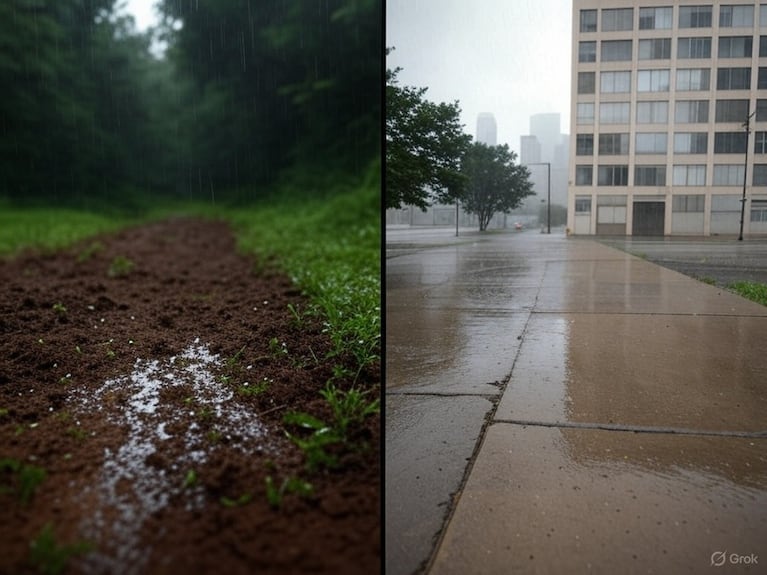 El bosque y la ciudad, dos respuestas distintas frente a la lluvia. Foto: IA.