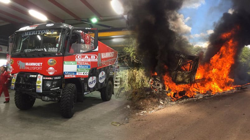 El camión, antes y durante el fuego. 