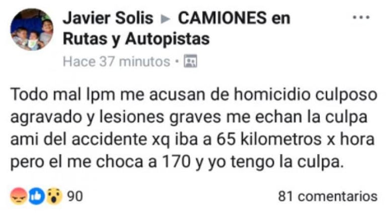 El camión con el que chocó De la Sota iba por debajo de la velocidad permitida