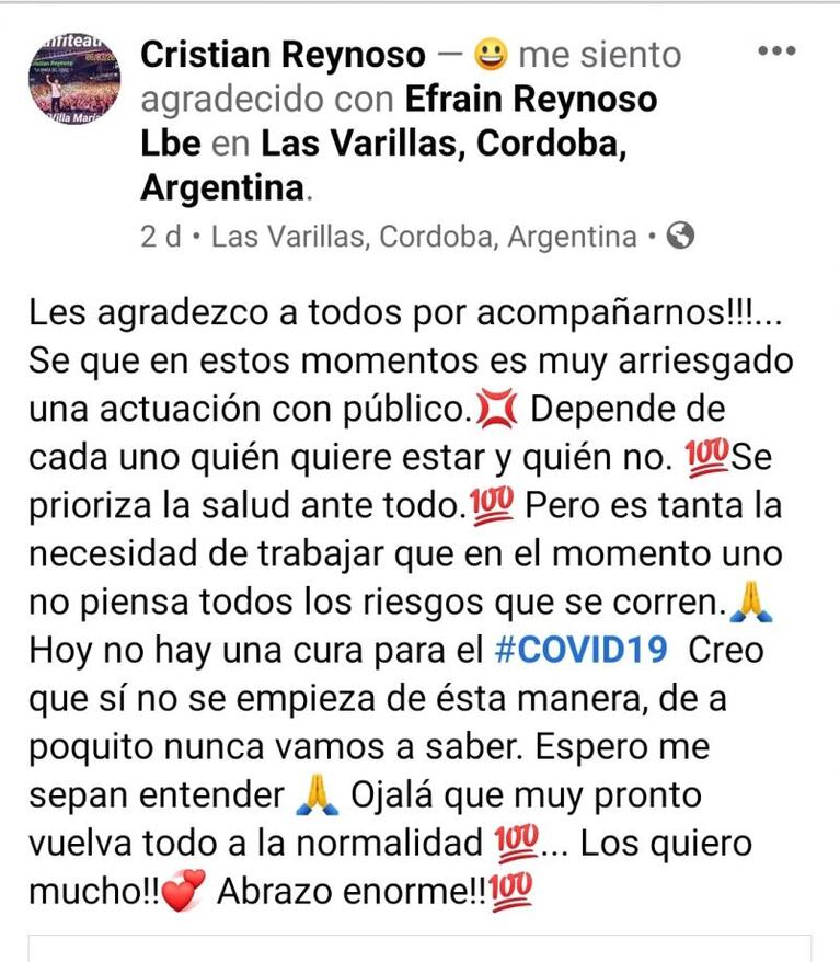 El cantante que dio un show en un bar de Las Varillas: "No es mi intención laburar fuera de la ley"