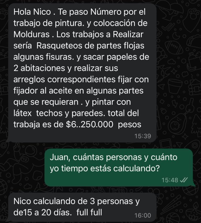 El chat con el pintor que le pasó un presupuesto millonario. (Foto: X / @lani_kito) 