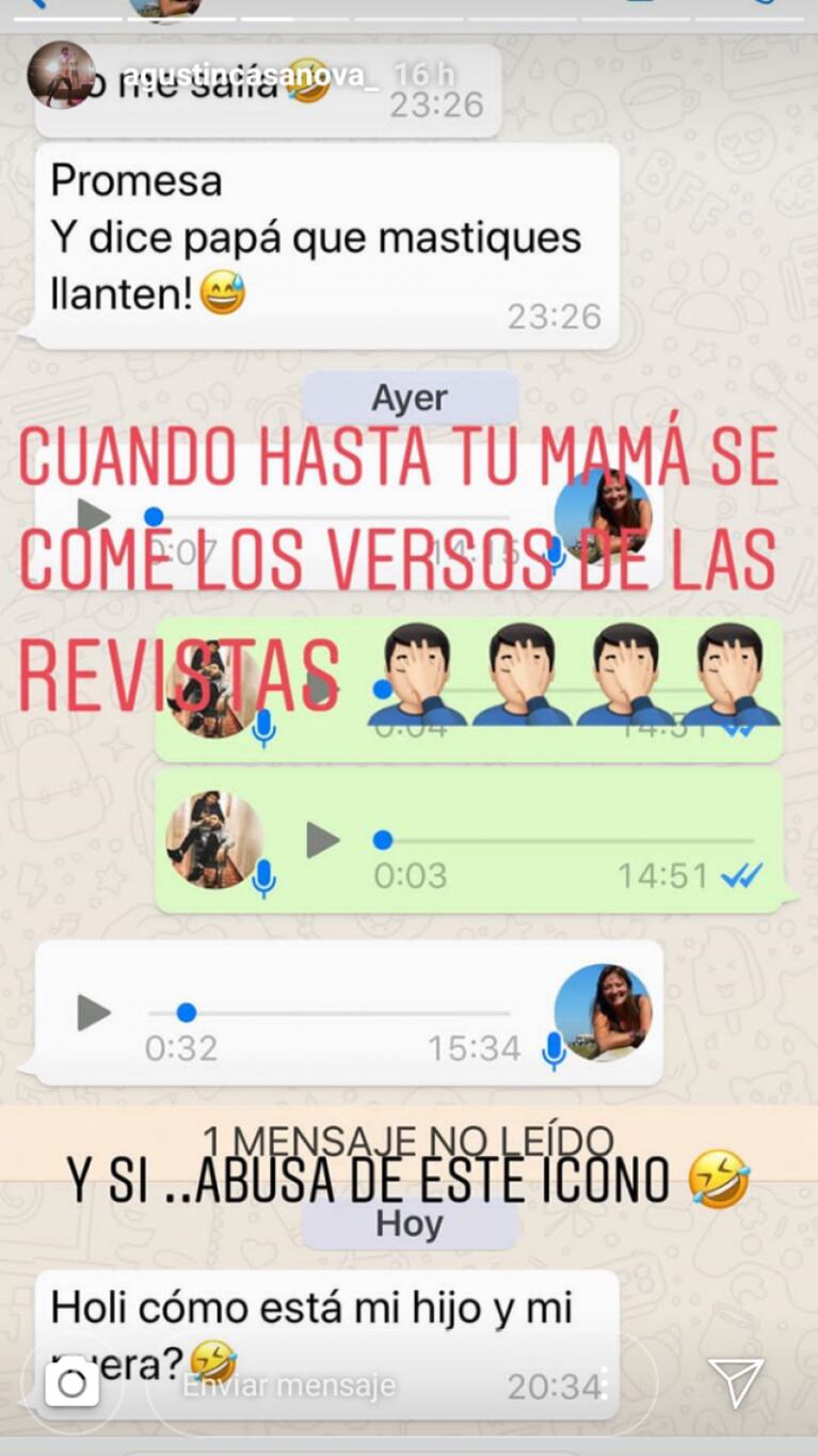 El chat de Agustín Casanova con su mamá por el rumor de romance con Ángela Torres