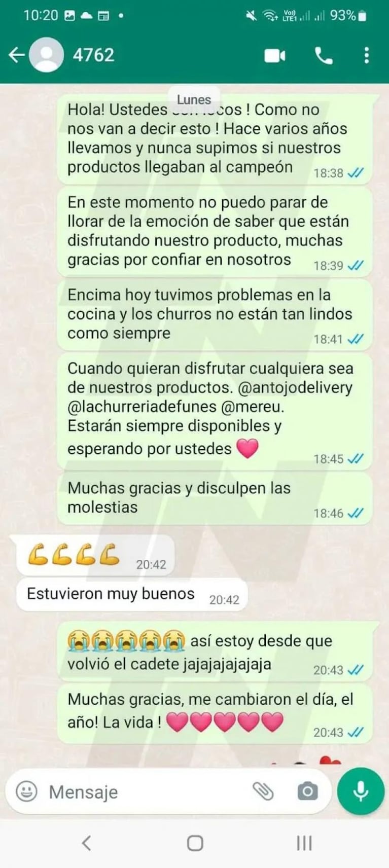 El chat de la familia Messi con la churrería: qué pidieron y la emoción del final