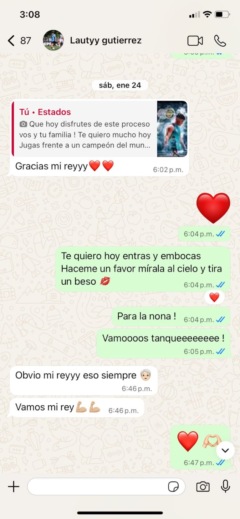 El chat de Lautaro Gutiérrez con un primo de su madre antes del partido con Rosario Central.