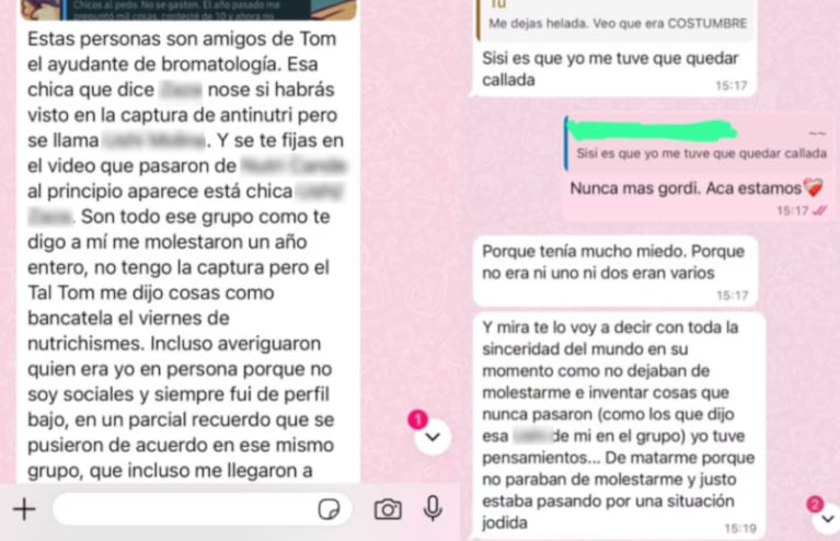 El chat de una joven contando su experiencia.