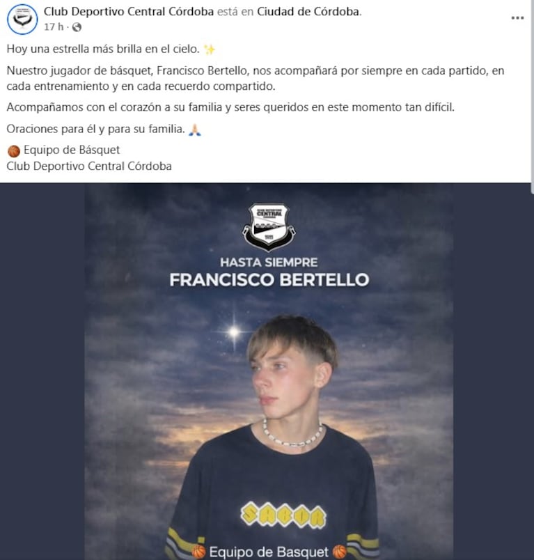 El club donde jugaba al básquet despidió a Francisco Bertello.