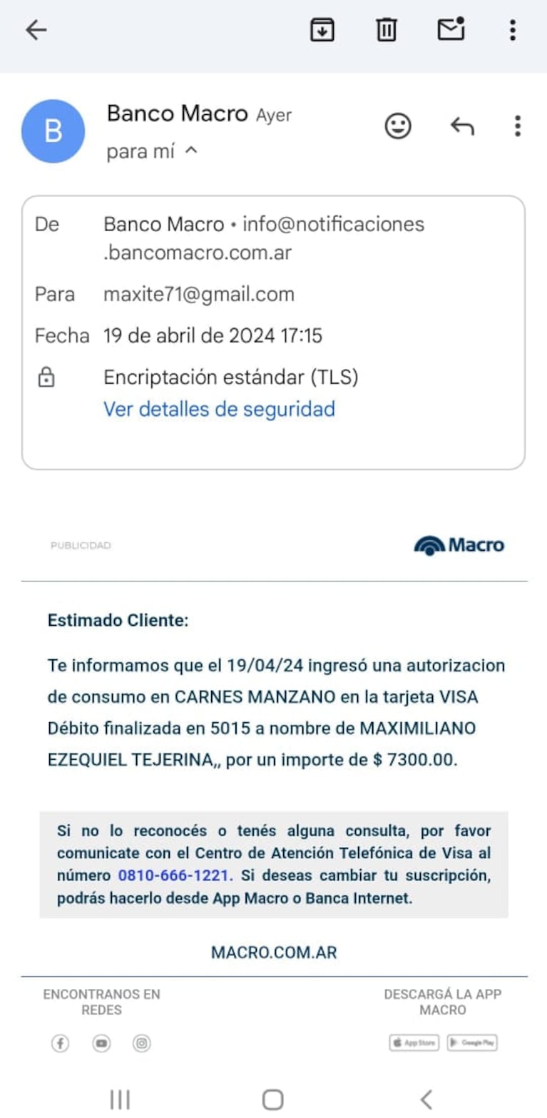 El comprobante de pago de Tejerina en una carnicería.