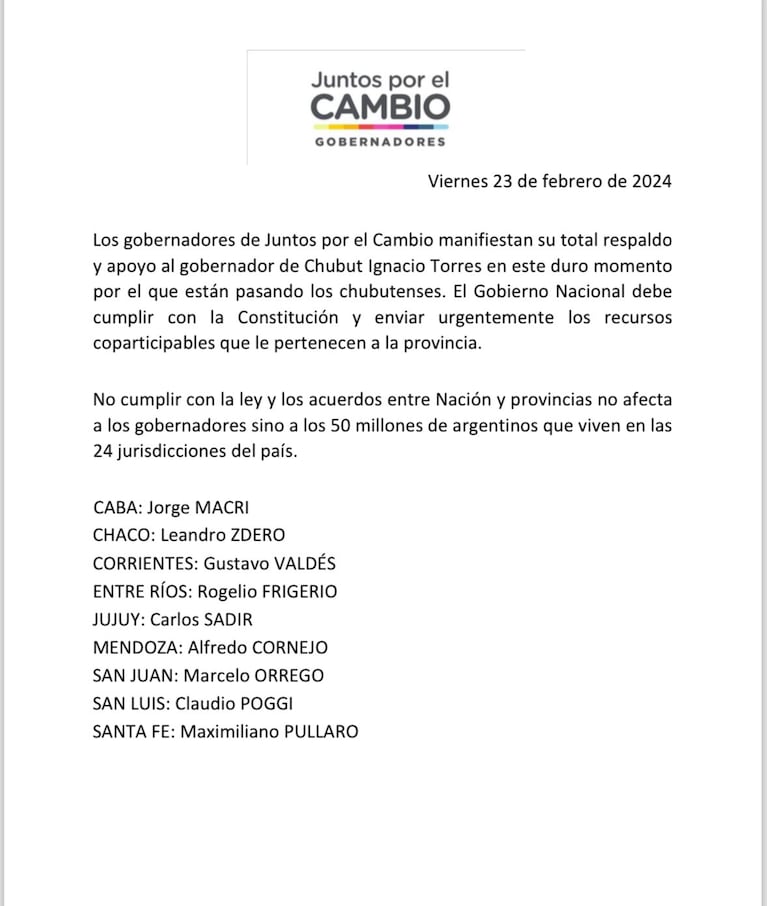 El comunicado completo de los gobernadores de Juntos por el Cambio.