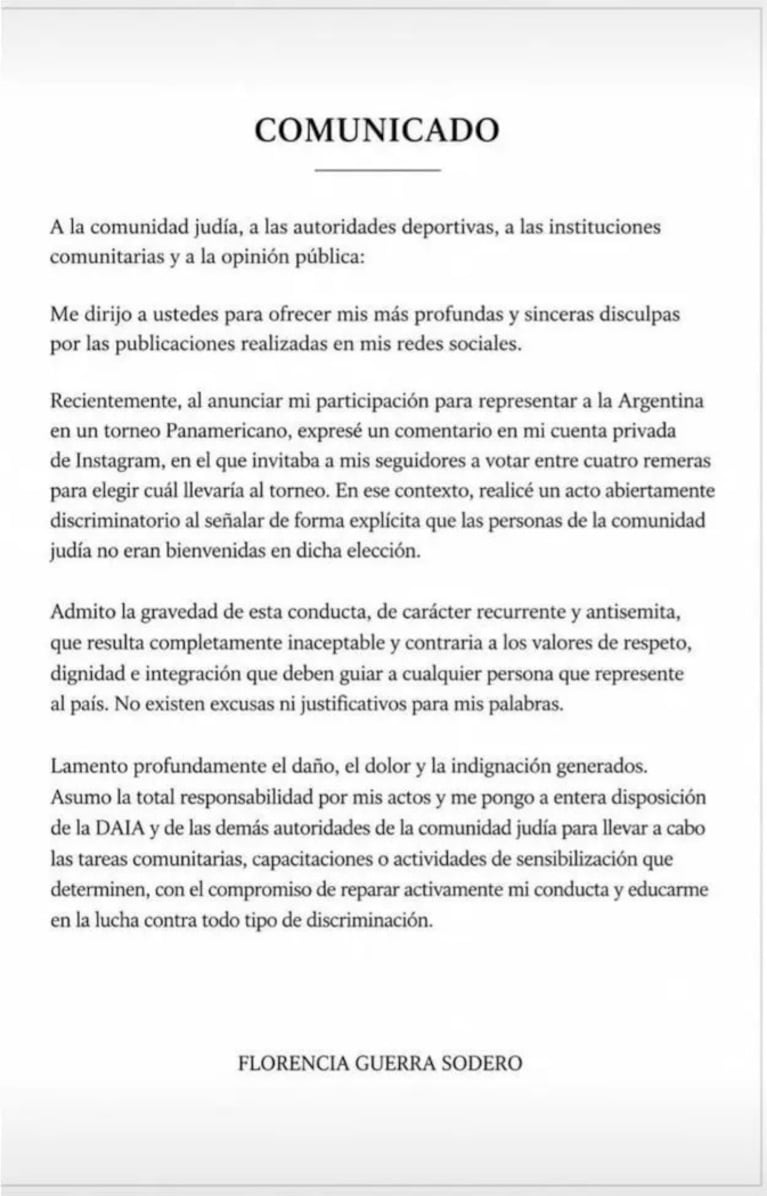 El comunicado con el que Florencia Sodero pidió disuclpas.