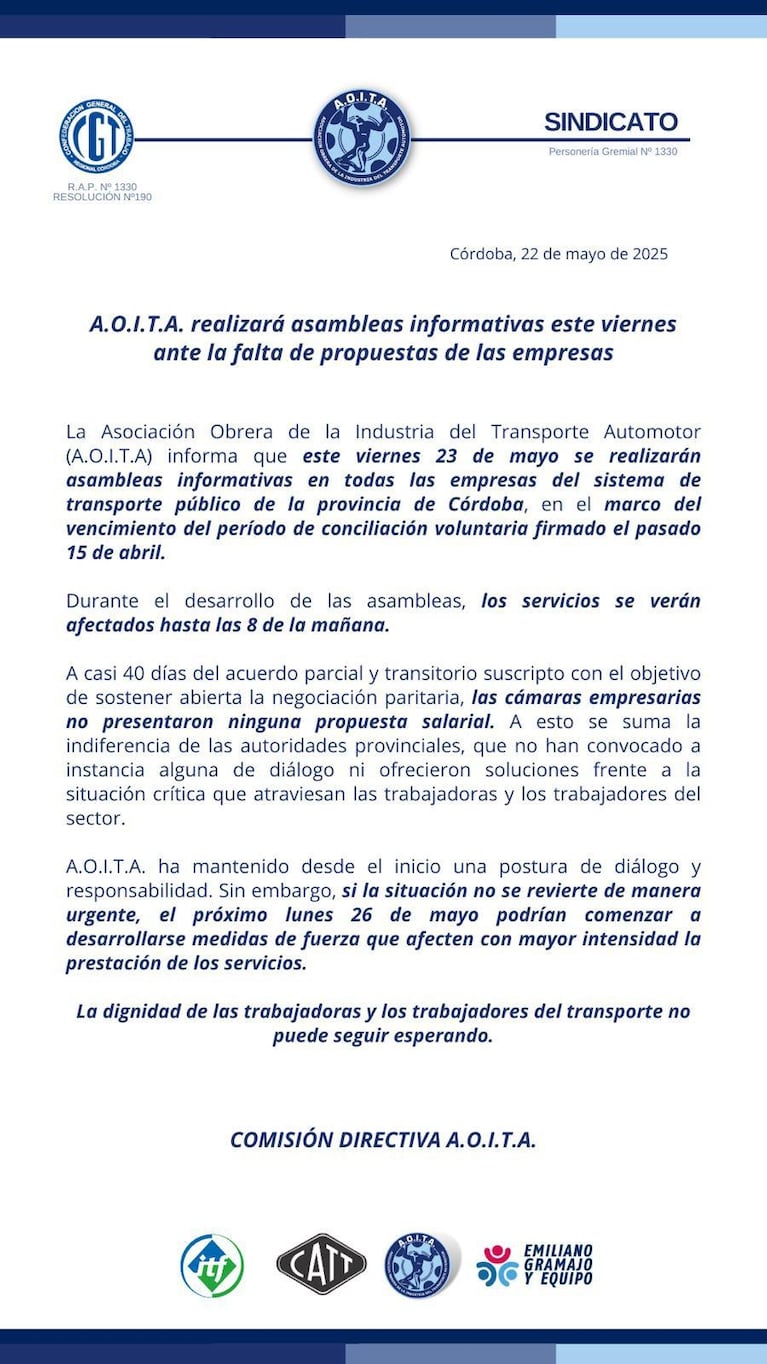 El comunicado de AOITA.
