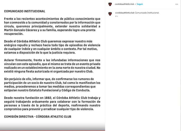 El comunicado de Córdoba Athletic.