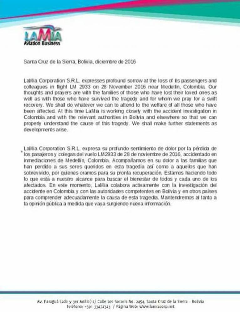 El comunicado de la aerolínea LAMIA después de la tragedia