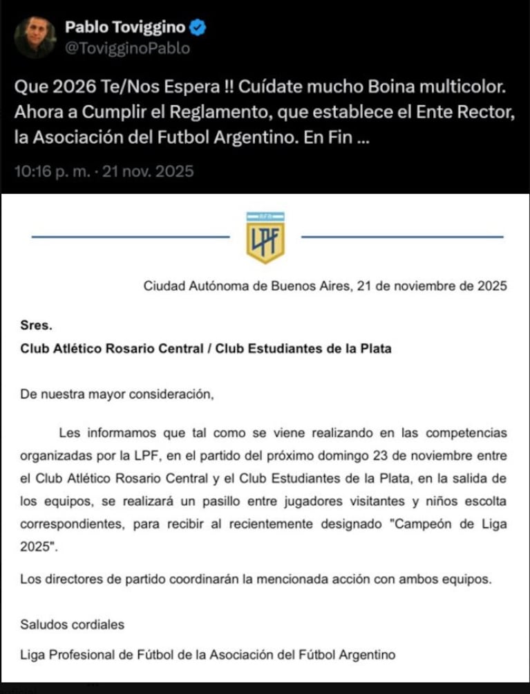 El comunicado de la AFAS reposteado por Toviggino para Juan Sebastián Verón.