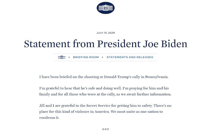 El comunicado de la Casa Blanca con las palabras de Joe Biden (Foto: captura del sitio de la Casa Blanca)