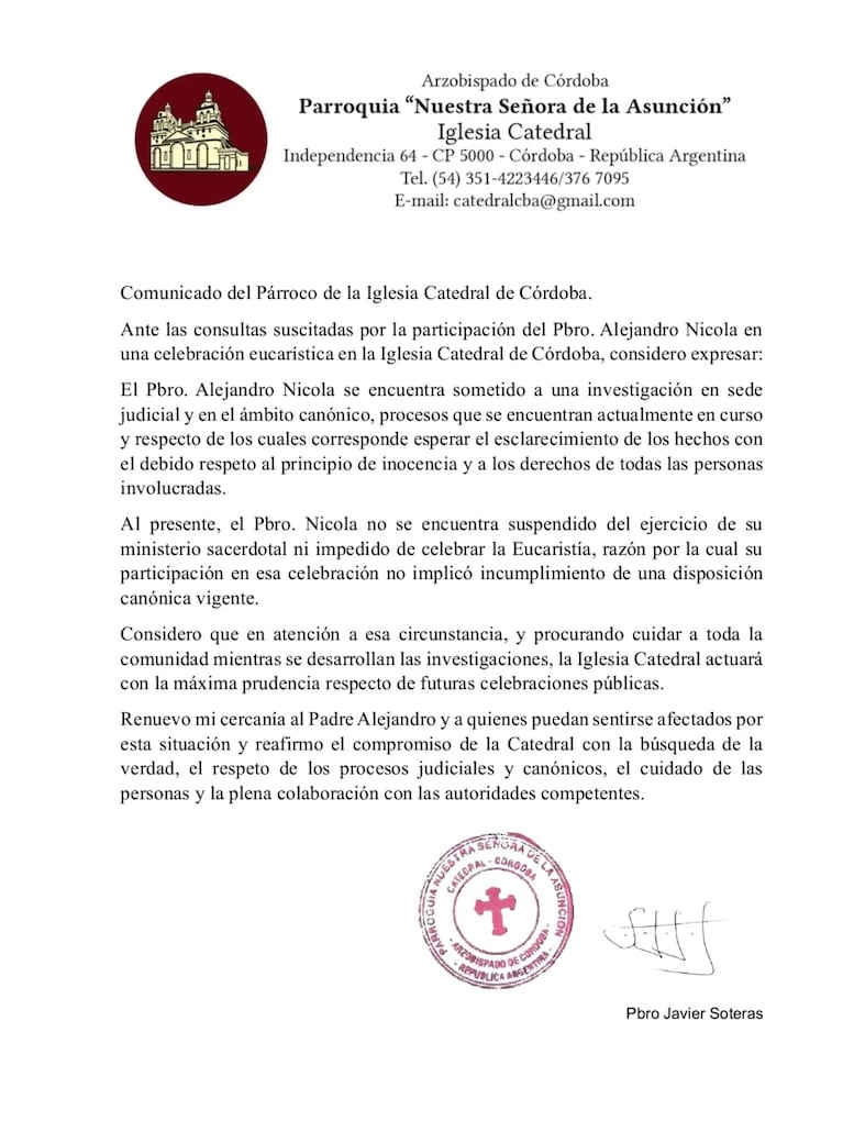 El comunicado de la Catedral por la situación de Nicola.