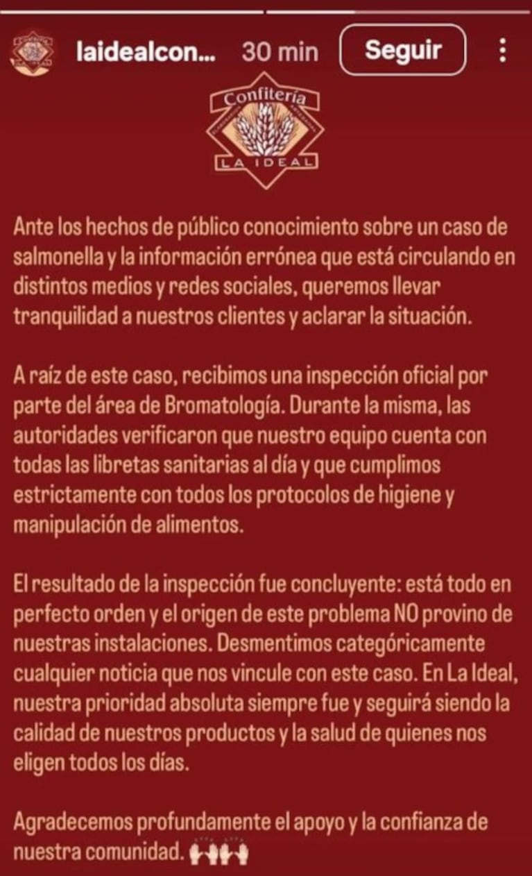 El comunicado de la confitería de La Plata.