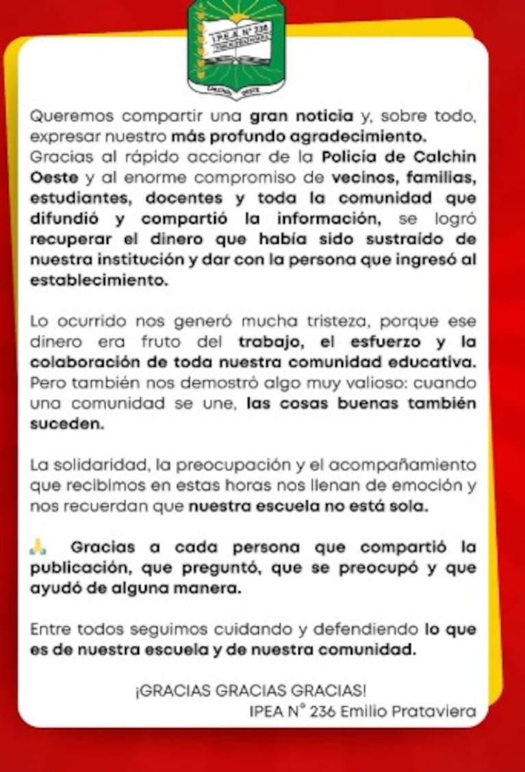 El comunicado de la escuela.