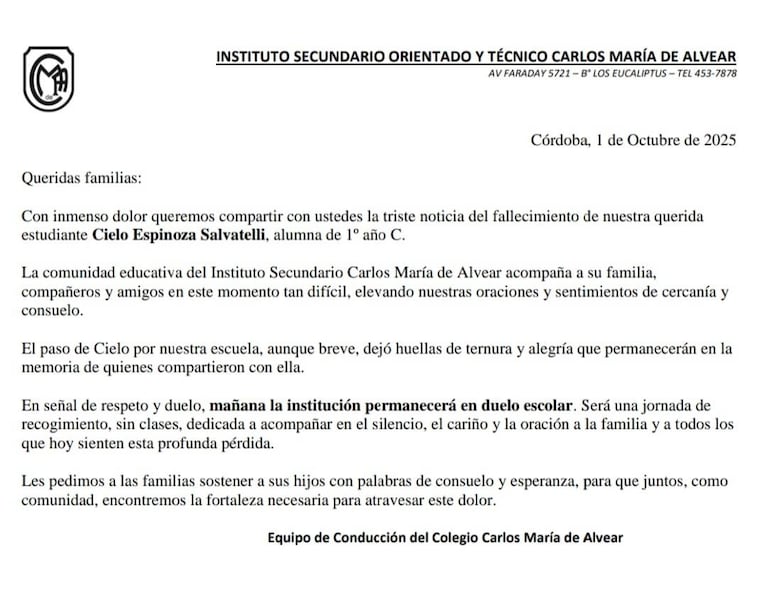 El comunicado de la escuela a la que iba la nena.