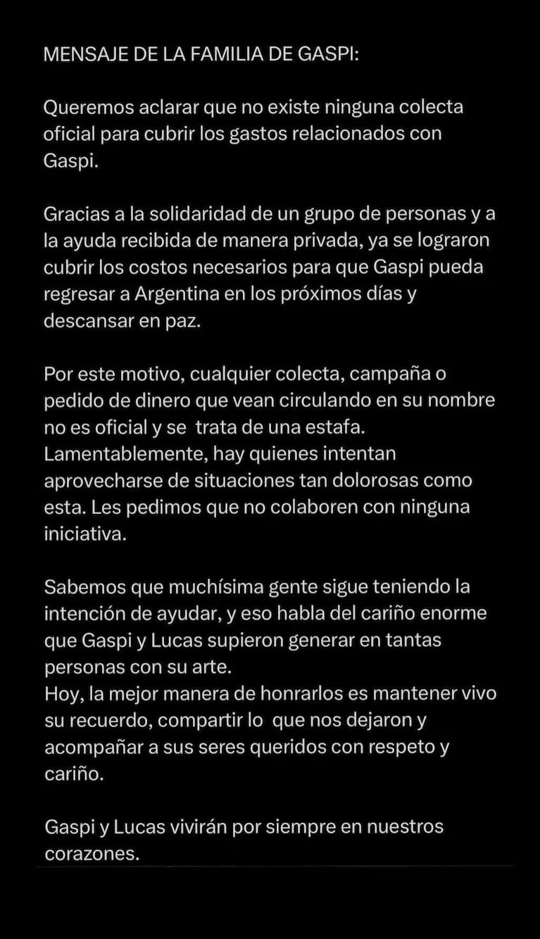 El comunicado de la Familia de Gaspi.