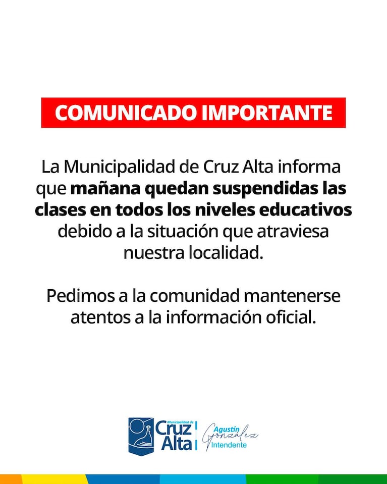El comunicado de la Municipalidad de Cruz Alta.