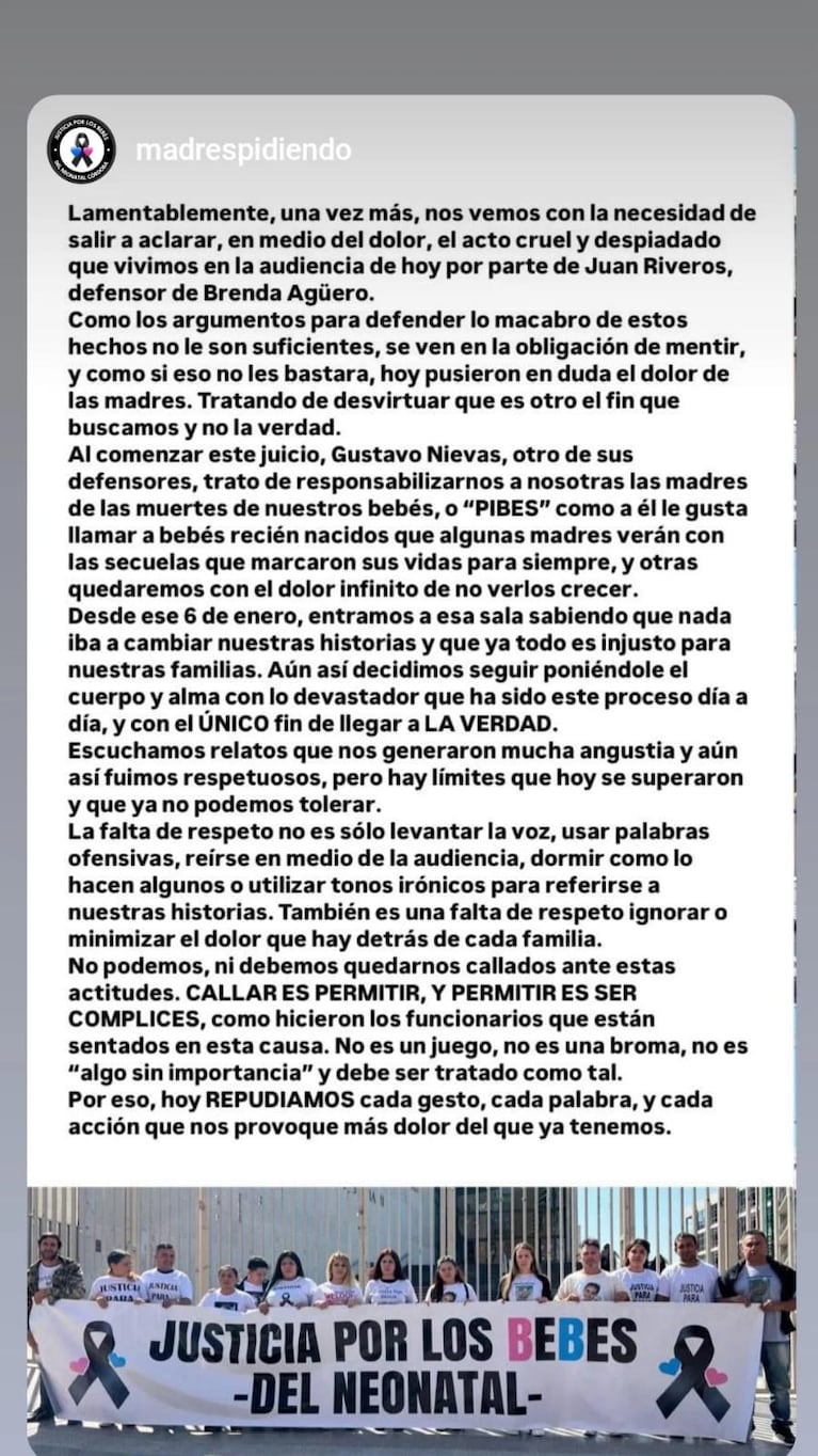 El comunicado de las madres de los bebés muertos del Neonatal.