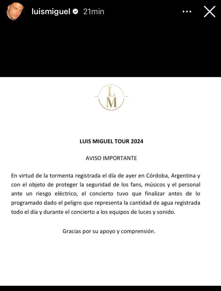 El comunicado de Luis Miguel en Instagram.