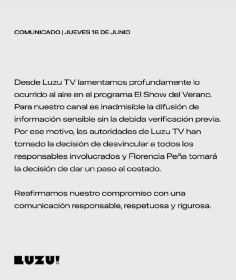 El comunicado de Luzu Tv.