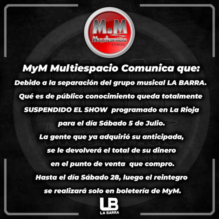 El comunicado de M y M sobre la suspensión del show de La Barra en La Rioja.