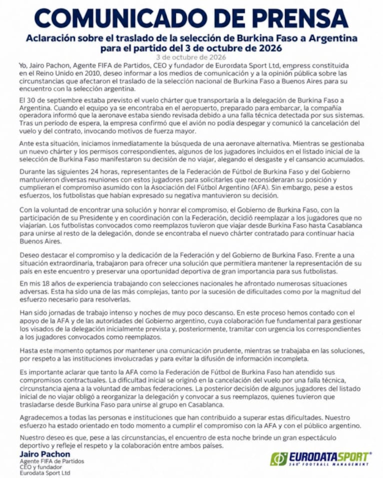 El Comunicado de Prensa que compartió la cuenta oficial de AFA.