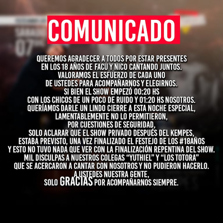 El comunicado de Q’ Lokura por su polémico show en el Kempes. (Foto: Instagram/@qlokura) 
