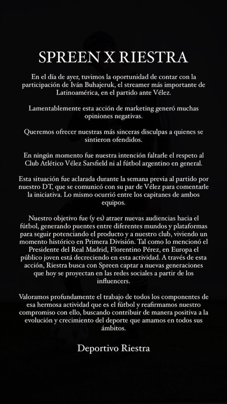 El comunicado de Riestra por el debut de Spreen en el fútbol argentino.