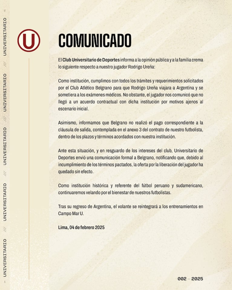 El comunicado de Universitario de Perú sobre la situación de Rodrigo Ureña.