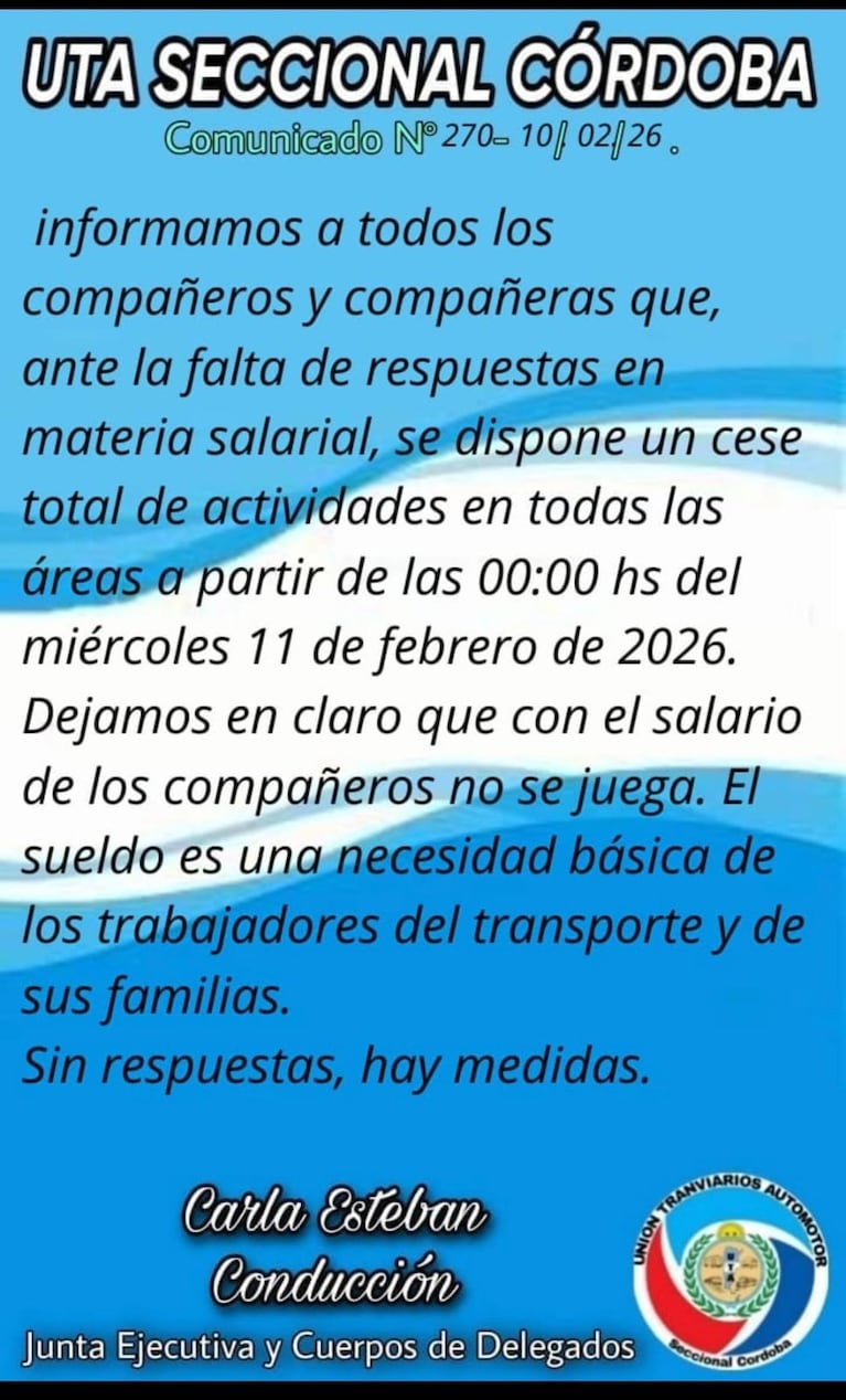 El comunicado de UTA.