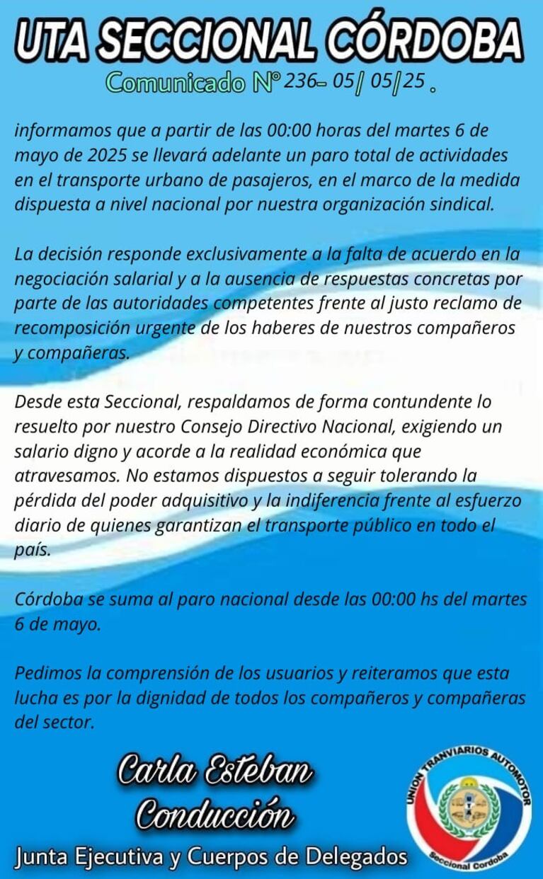 El comunicado de UTA Córdoba sobre el paro del 6 de mayo.