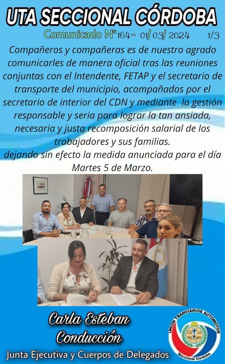 El comunicado de UTA seccional Córdoba para anunciar el acuerdo con la Municipalidad.