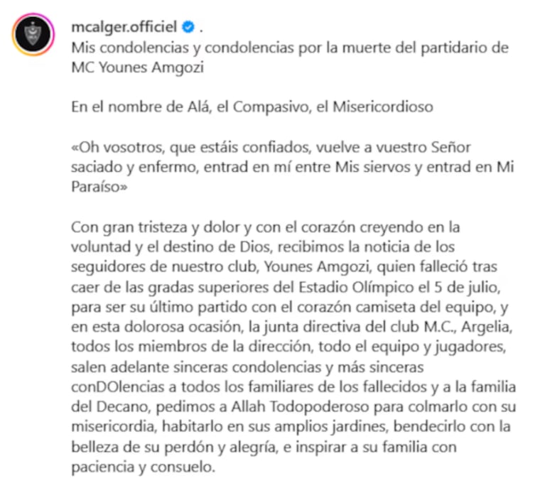 El comunicado del club argelino.