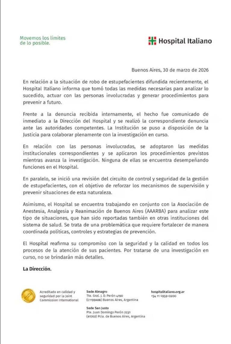 El comunicado del hospital que confirmó los robos.