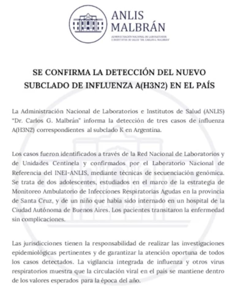 El comunicado del Malbrán sobre los tres casos de la nueva influenza A (H3N2) en Argentina.