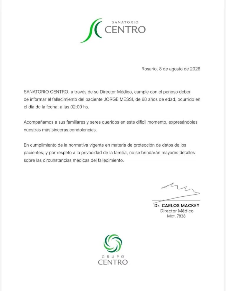 El comunicado del sanatorio de Rosario donde murió Jorge Messi