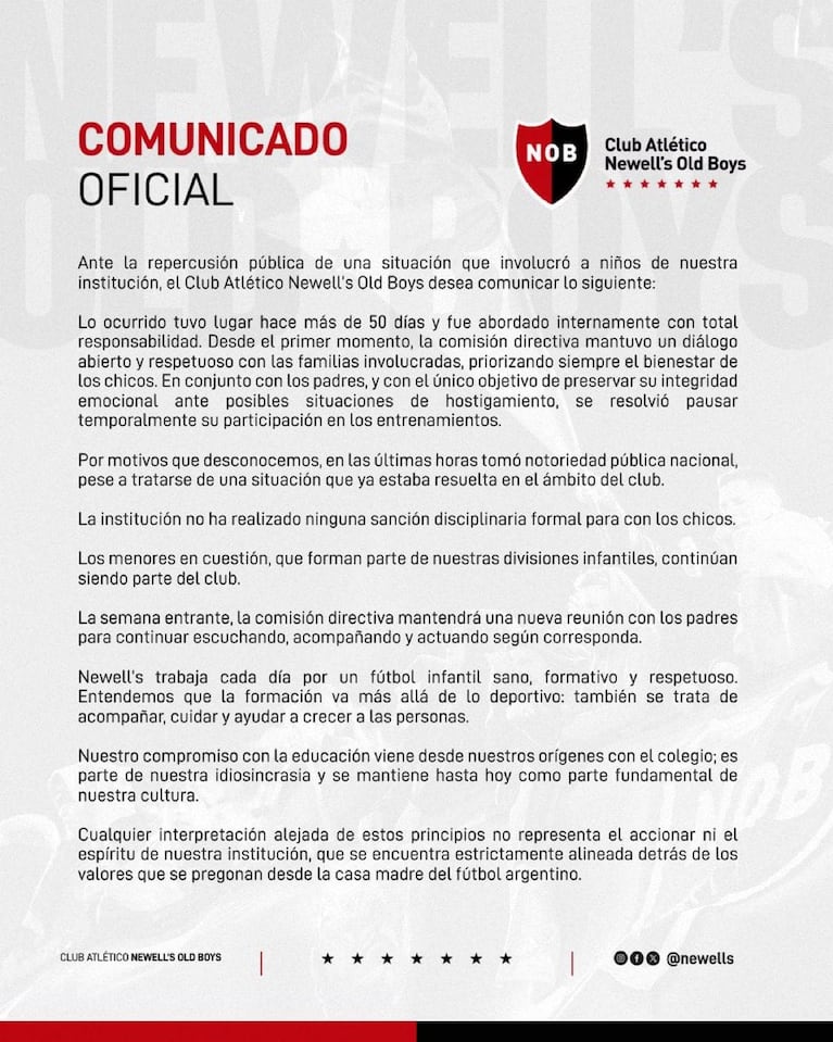 El comunicado oficial de Newell's.