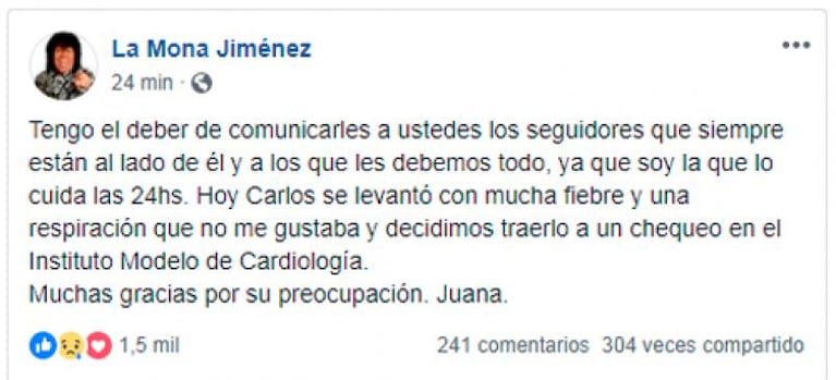 El comunicado por la salud de la Mona Jiménez