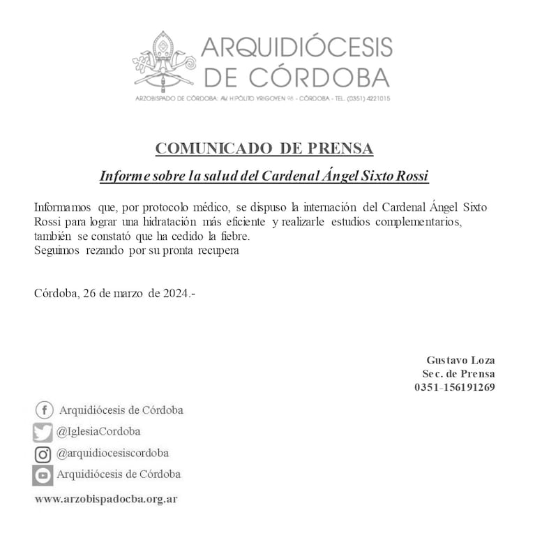 El comunicado sobre la salud del Cardenal Ángel Rossi.