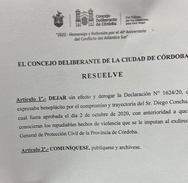 El Concejo Deliberante dio de baja el beneplácito que le entregó a Diego Concha