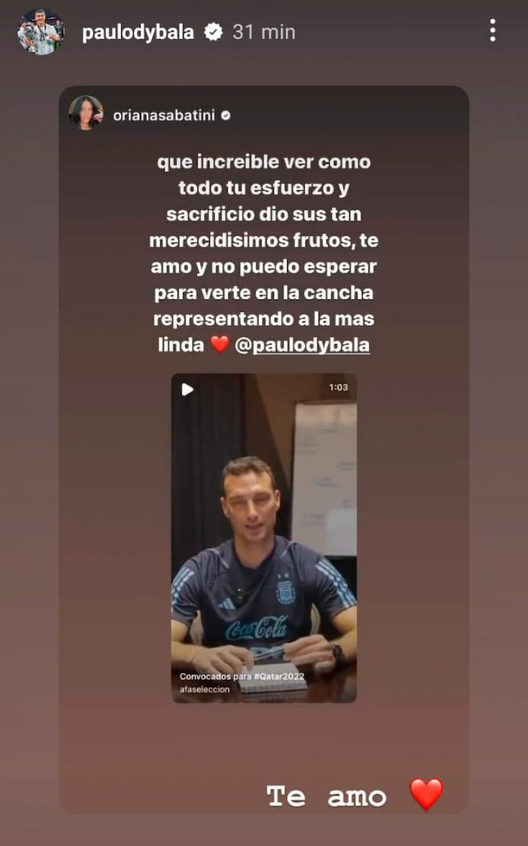 El conmovedor posteo de Oriana Sabatini por la convocatoria de Dybala al Mundial