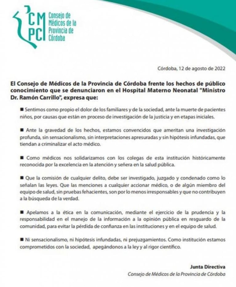 El Consejo de Médicos de Córdoba le exige a la Justicia que brinde información por las muertes de bebés