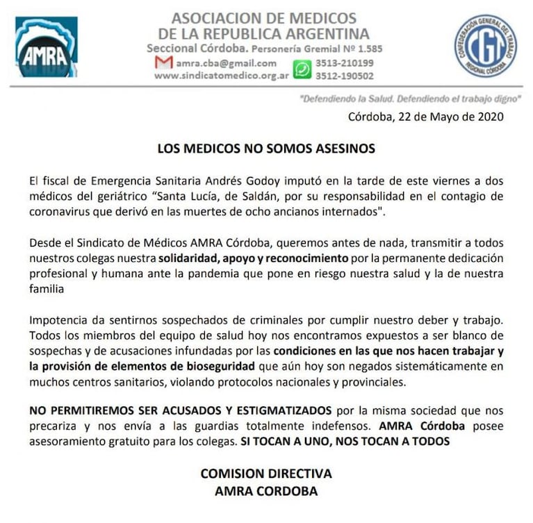 El Consejo de Médicos repudió la imputación de dos profesionales del geriátrico de Saldán