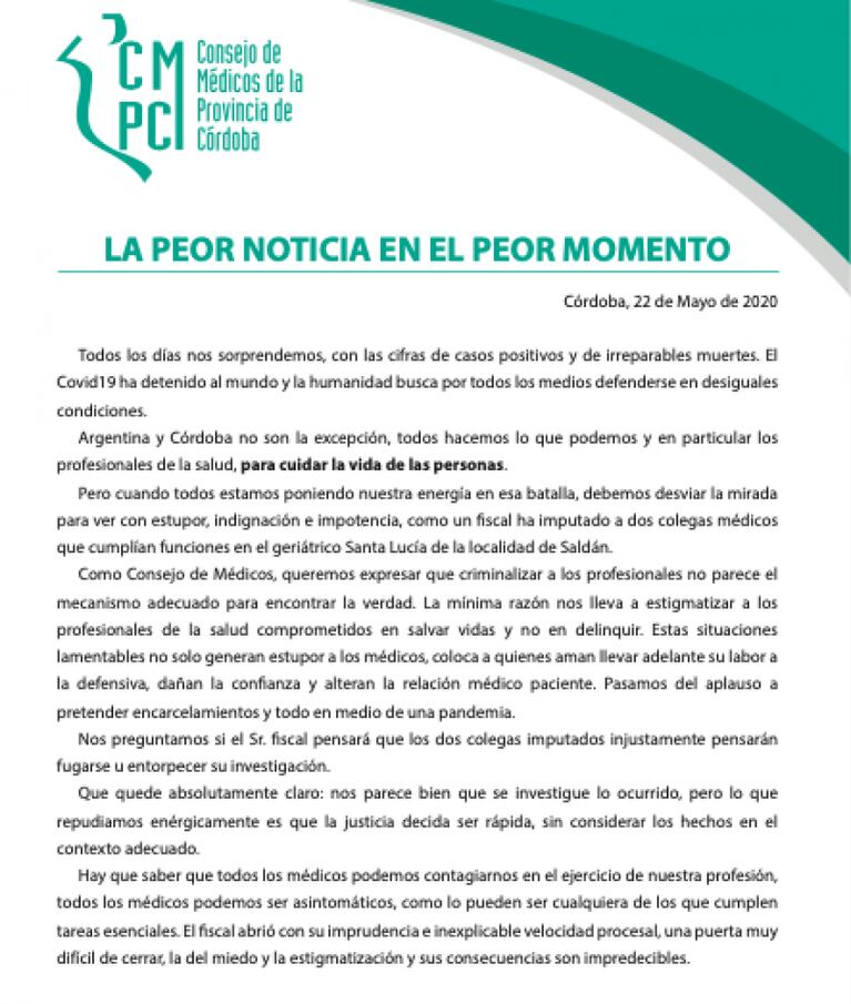 El Consejo de Médicos repudió la imputación de dos profesionales del geriátrico de Saldán